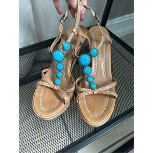 ANTONIO MELANI‎ Women's BOHO High Heel Faux Turquoise/Cork Wedge Sandals 8